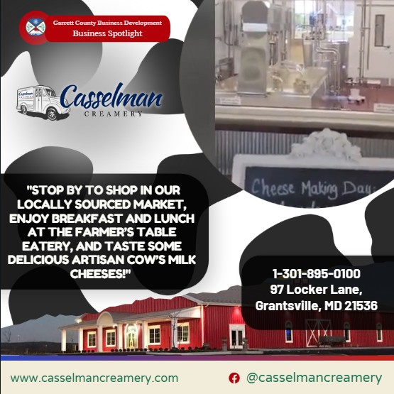 Todays Business Spotlight 🧀 is on the Casselman Creamery! 
Visit them at www.casselmancreamery.com or Casselman Creamery 
Follow us to see more daily Garrett County Business Spotlights!
If you are interested in having your business featured contact Connor Norman at cnorman@garrettcountymd.gov. #businessdevelopment #garrettcountymd